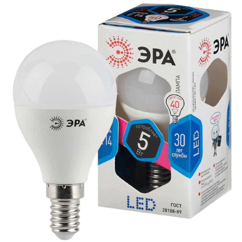 Лампа светодиодная ЭРА STD LED P45-5W-840-E14 5Вт шар нейтральный белый свет Е14 | Лампы cветодиодные Шар (G/P)