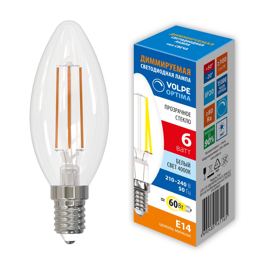 LED-C35-6W-4000K-E14-CL-DIM-SLF Лампа светодиодная. диммируемая. Форма свеча. прозрачная. Белый свет 4000K. ТМ Volpe