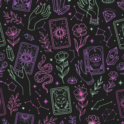 Магия неоновая с котами, змеями, руками и картами