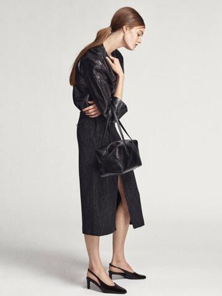 Massimo Dutti Юбка миди в елочку с разрезом, антрацитово-серый
