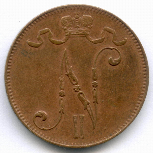 5 пенни 1915 год. Россия для Финляндии (Вензель Николая II). XF