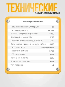 Гайковерт аккумуляторный ударный Schwarz бесщеточный усиленный 1200 НМ, 4500 об/мин, 2 мощных аккумулятора 24В, 6000 Ам/ч, быстрая зарядка