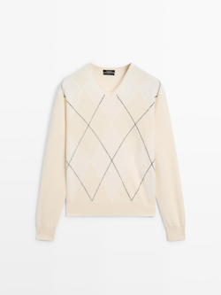 Massimo Dutti Свитер из 100% шерсти с узором «ромбы», натуральный/кремовый
