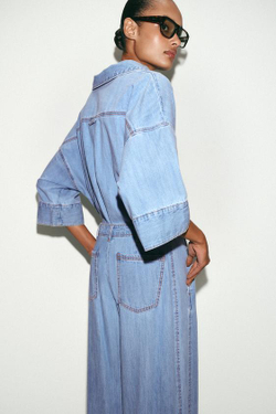 ZARA ДЖИНСЫ Z1975 WIDE LEG СО СРЕДНЕЙ ПОСАДКОЙ И ВЫТАЧКАМИ, ВЫЦВЕТШИЙ СИНИЙ