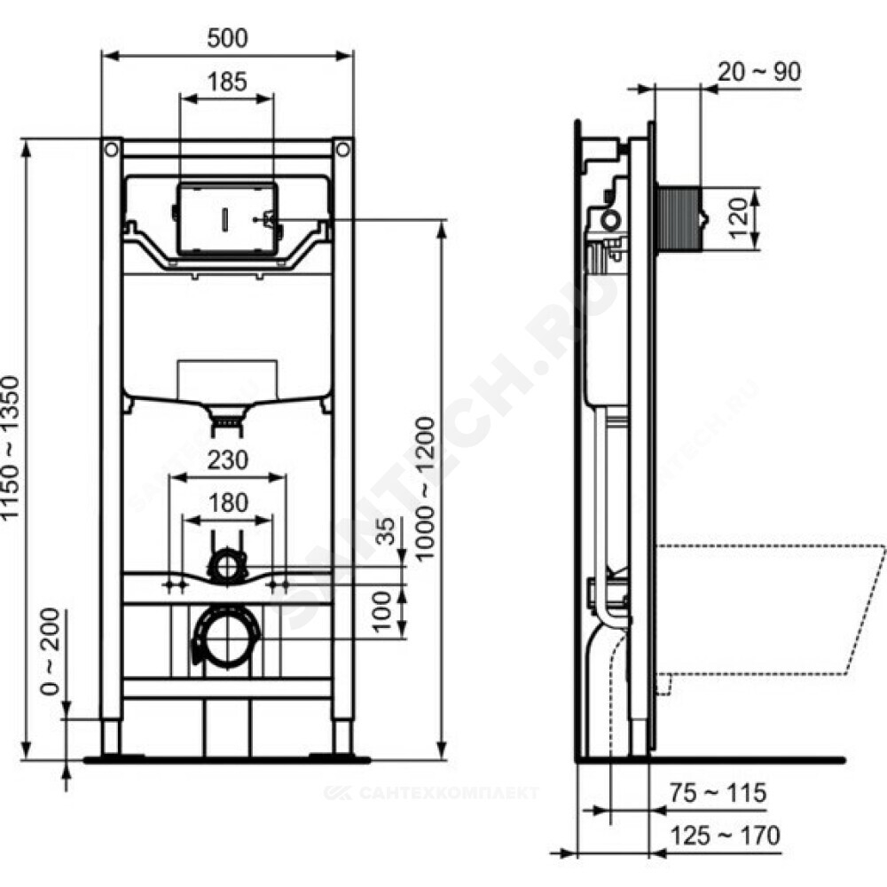 Инсталляция PROSYS FRAME 120M для подвесного унитаза без кнопки смыва Ideal Standard R020467