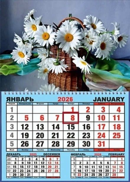 Календарь настенный 310*420мм на 2026г. ОДНОБЛОЧНЫЙ с курсором и календ.сеткой "Ромашки в корзине"