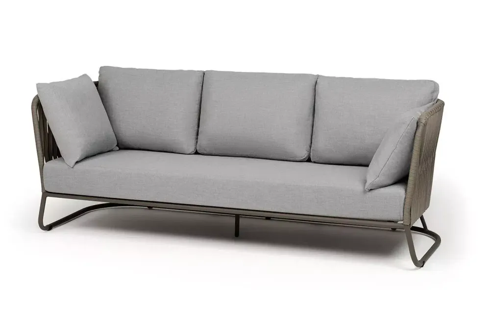 "Багамы" диван 3-местный плетеный из роупа, каркас алюминий бежево-серый (RAL7006) муар, роуп серо-коричневый 23мм, ткань светло-серая
