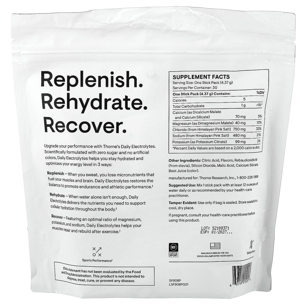 Thorne, ежедневные электролиты, со вкусом арбуза, 30 пакетиков по 4,37 г (0,15 унции)