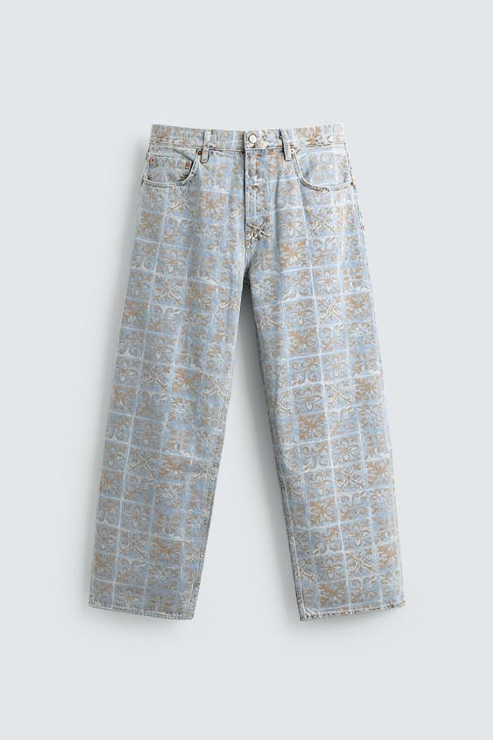 ZARA ДЖИНСЫ RELAXED FIT С ГЕОМЕТРИЧЕСКИМ ПРИНТОМ, ГОЛУБОЙ