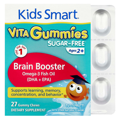 Kids Smart, Vita Gummies, Brain Booster, добавка для поддержки мозга, без сахара, для детей от 2 лет, с фруктовым вкусом, 27 жевательных таблеток