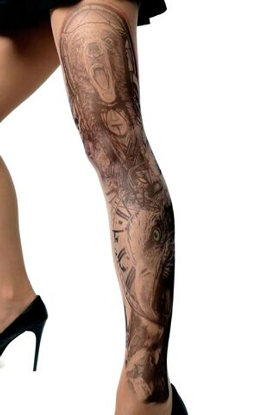 Колготки +size с крупным принтом на левой ножке в виде шамана (Размер: XL-XXL) (Цвет: бежевый)