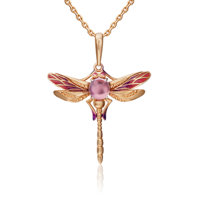 Подвеска «Стрекоза» из красного золота с аметистом и эмалью