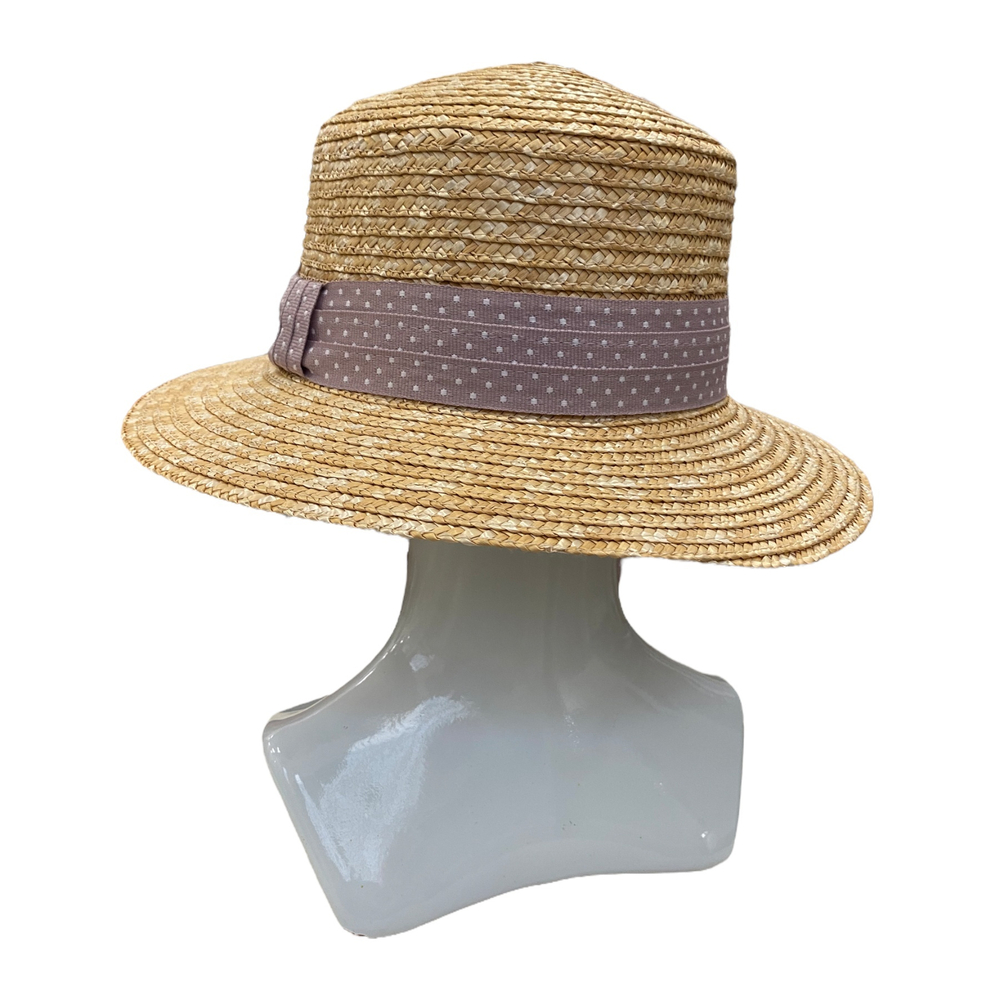 Канотье пшеница с лентой в горох Пудра