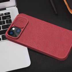 Кожаный чехол книжка красного цвета от Nillkin для смартфона iPhone 15, серия Qin Pro Leather с защитной шторкой для камеры