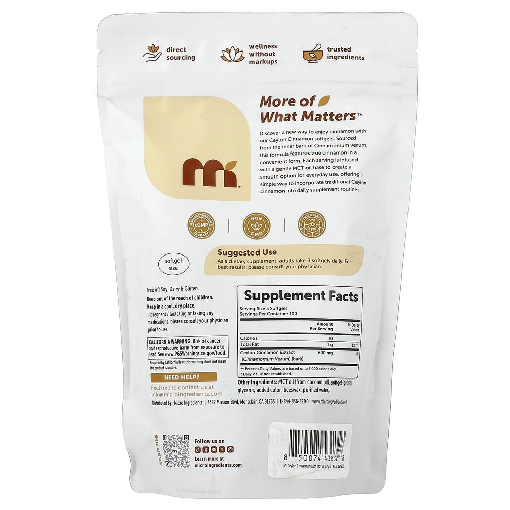 Micro Ingredients, цейлонская корица, 300 капсул (200 мг в 1 капсуле)