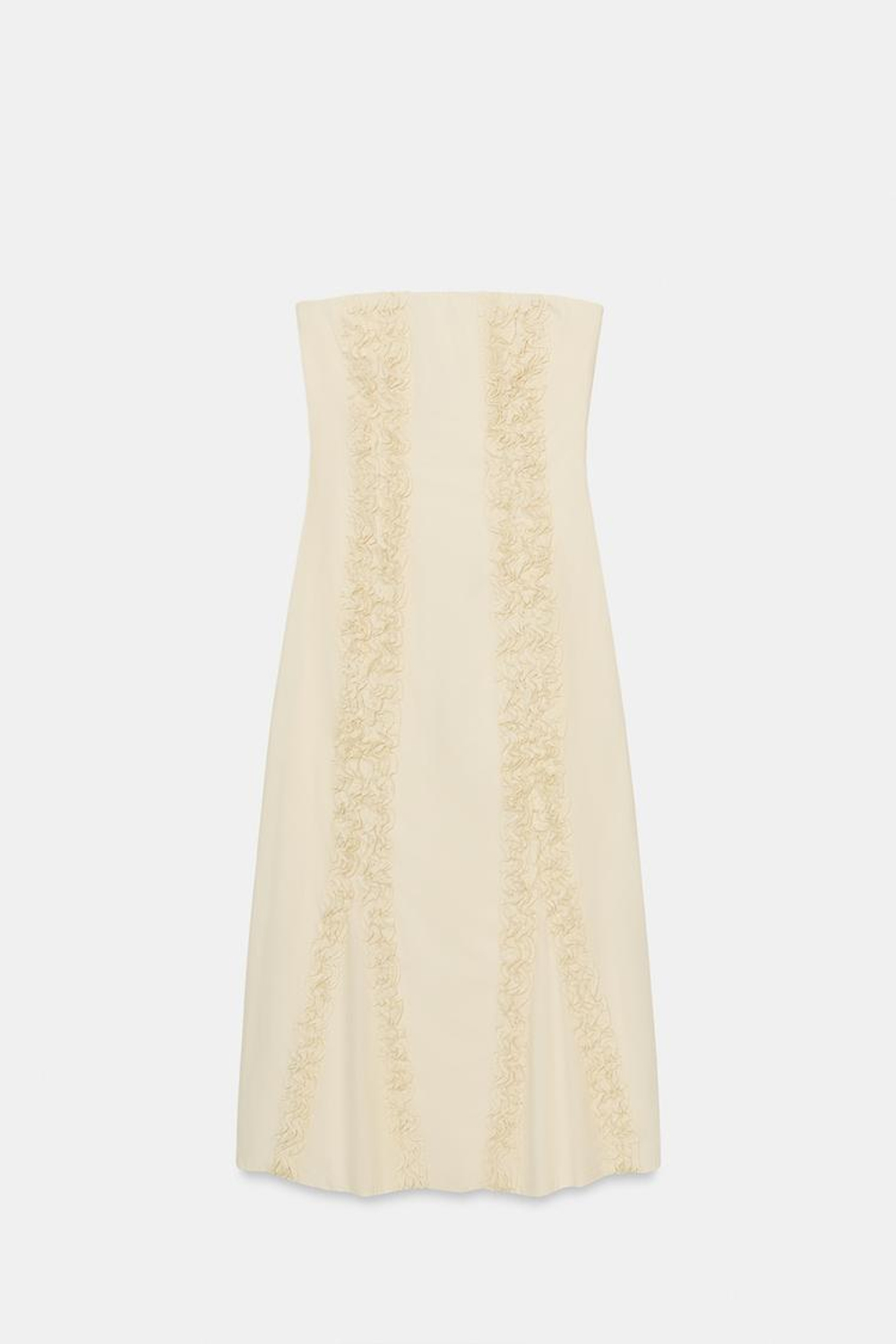 ZARA ПЛАТЬЕ МИДИ С ОБЪЕМНЫМИ ВОЛАНАМИ, ЦВЕТ СЛОНОВОЙ КОСТИ