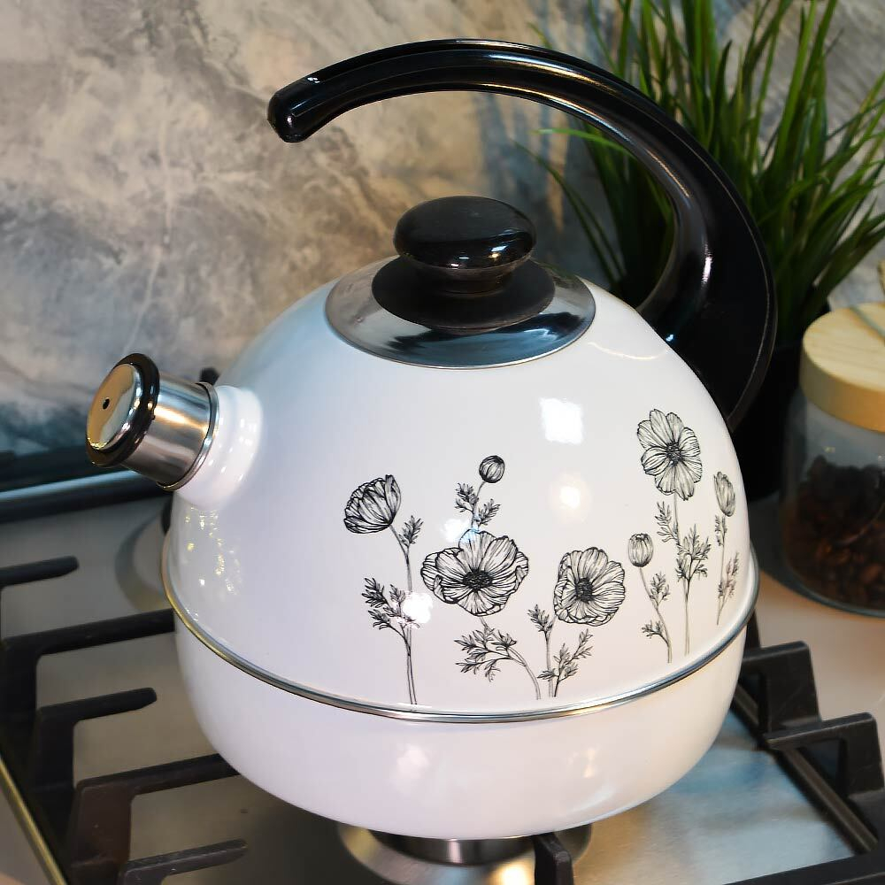 Чайник 4л со свистком, консольная ручка, белый "Черная космея"