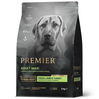 Premier dog lamb & turkey adult maxi сухой корм для собак крупных пород, свежее мясо ягненка с индейкой - 3 кг