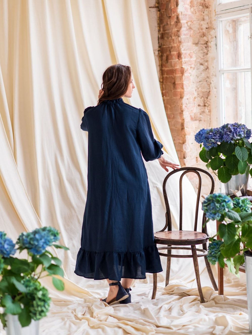 Льняное бохо платье (темно-синий)