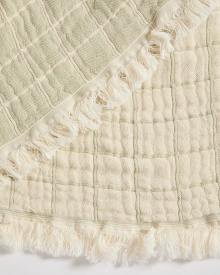 Плед Tivaro из хлопка, жаккардовый в светло-зеленую клетку двухсторонний 130 x 170 см