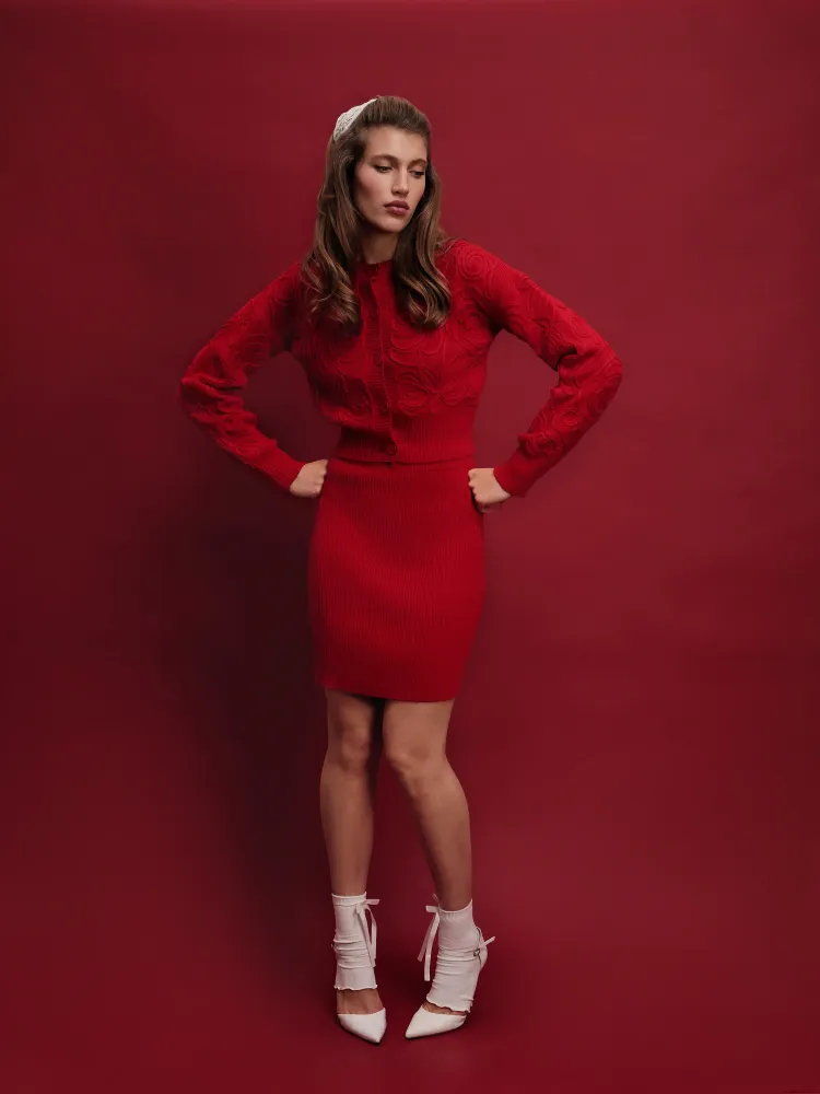 Maryl-Donna mini, вязанный комплект, свитер и юбка мини из красного хлопка