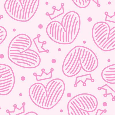 сердечки с короной в стиле дудл на розовом фоне