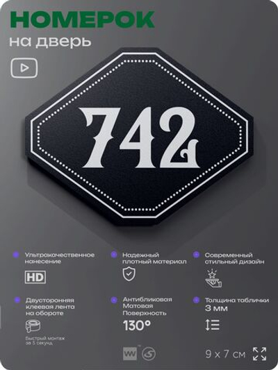 Номерок на дверь квартиры 742, для кабинета, офиса, шильдик 9 х 7 см, черный, Айдентика Технолоджи