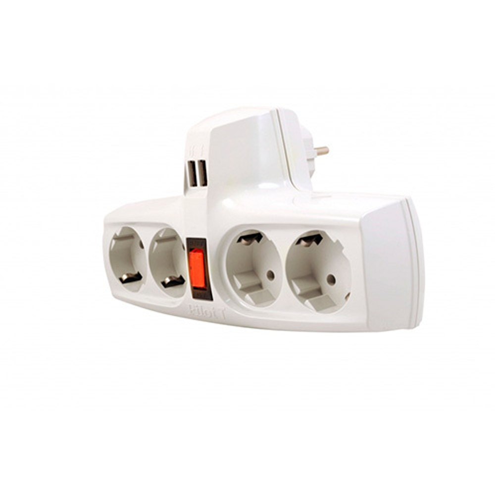 Разветвитель Pilot T USB, 4 розетки (евро с заземлением), 2*USB