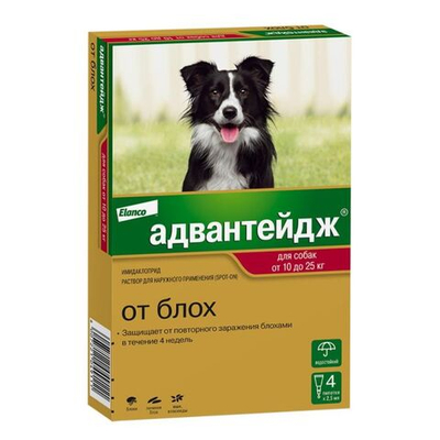 Капли на холку от блох для собак 10- 25 кг Адвантейдж ( Elanco ), 4 пипетки Имидаклоприд