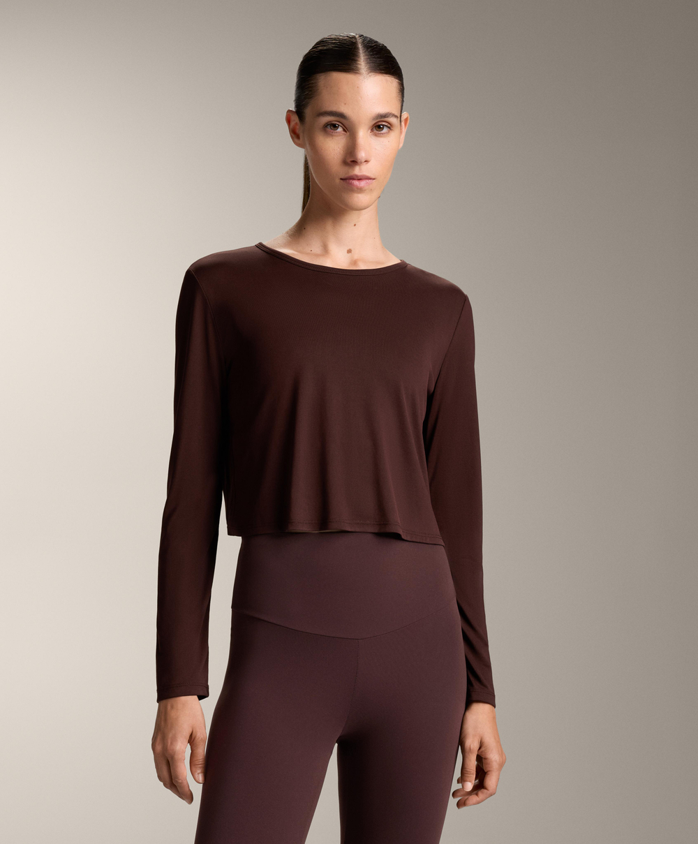 Oysho Укороченная футболка с перекрестной спинкой, шоколадный