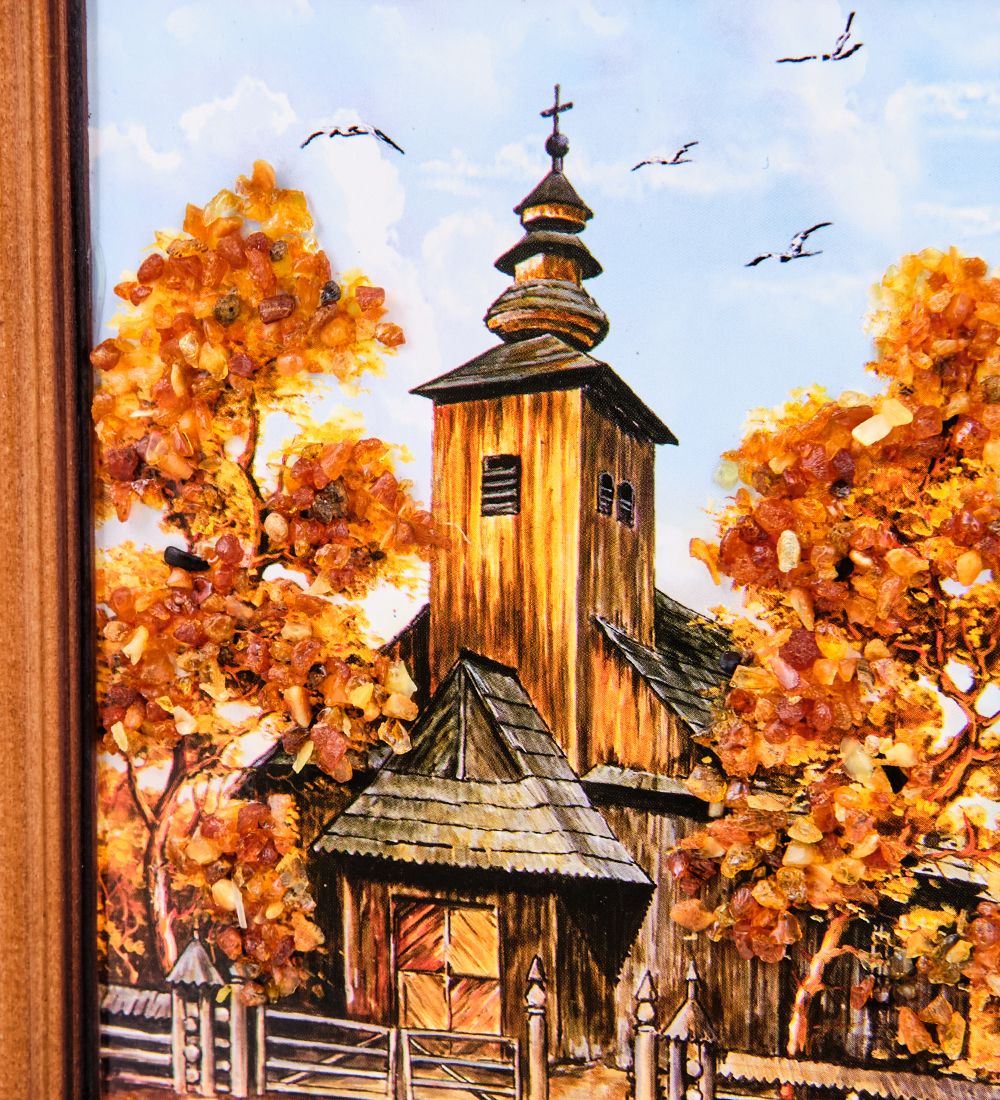AMB-74/38 Картина «Часовня в лесу» (с янтарной крошкой) дер.краш.рамка 12х15