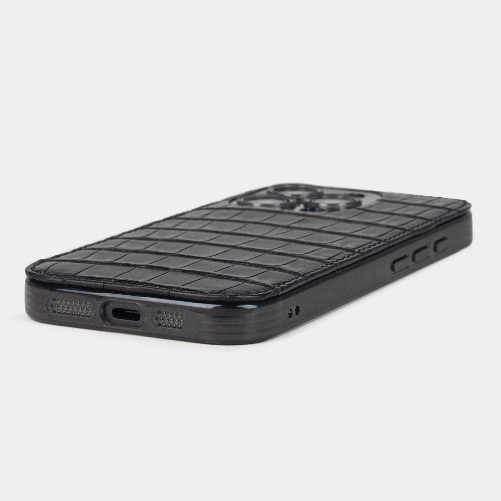 Чехол-накладка кожаная для iPhone 16 Pro, аллигатор черного цвета