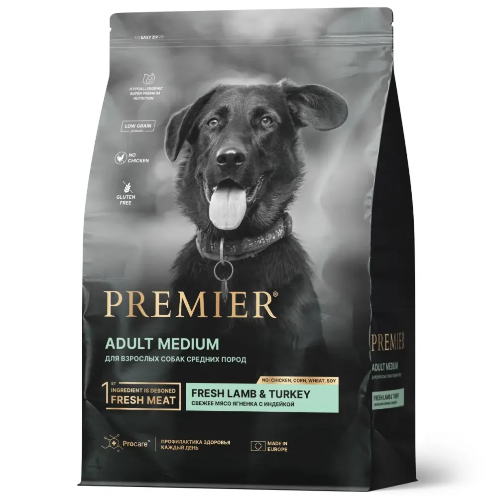 Уценка! Повр.упак. / Сухой корм Premier Dog Lamb&Turkey Adult Medium для собак средних пород из свежего мяса ягненка с индейкой