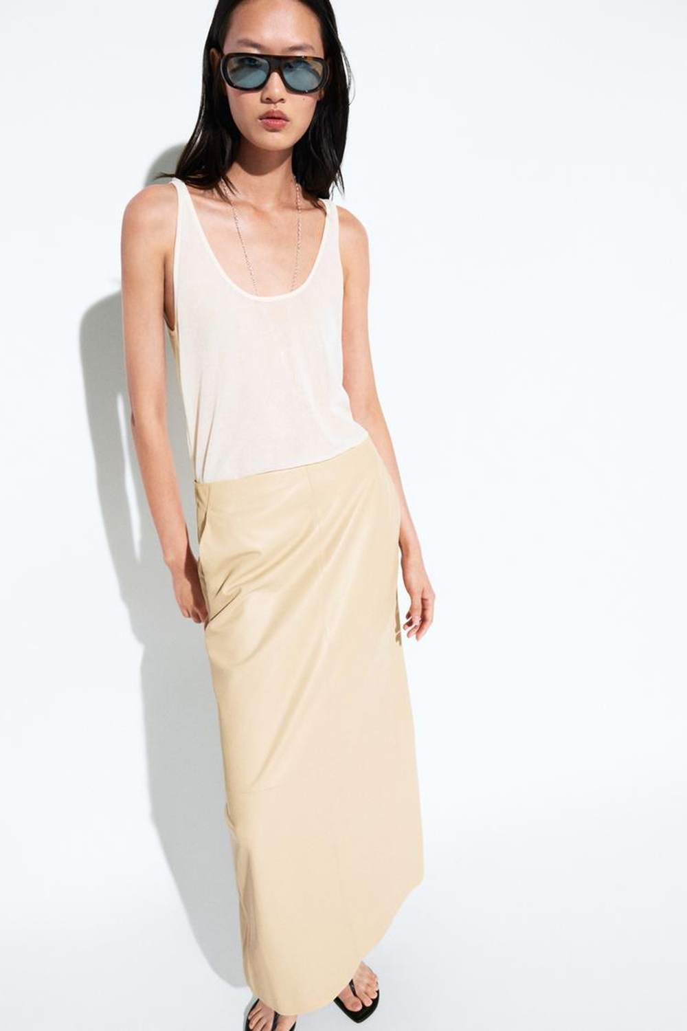 Massimo Dutti Юбка миди из кожи наппа, ванильный
