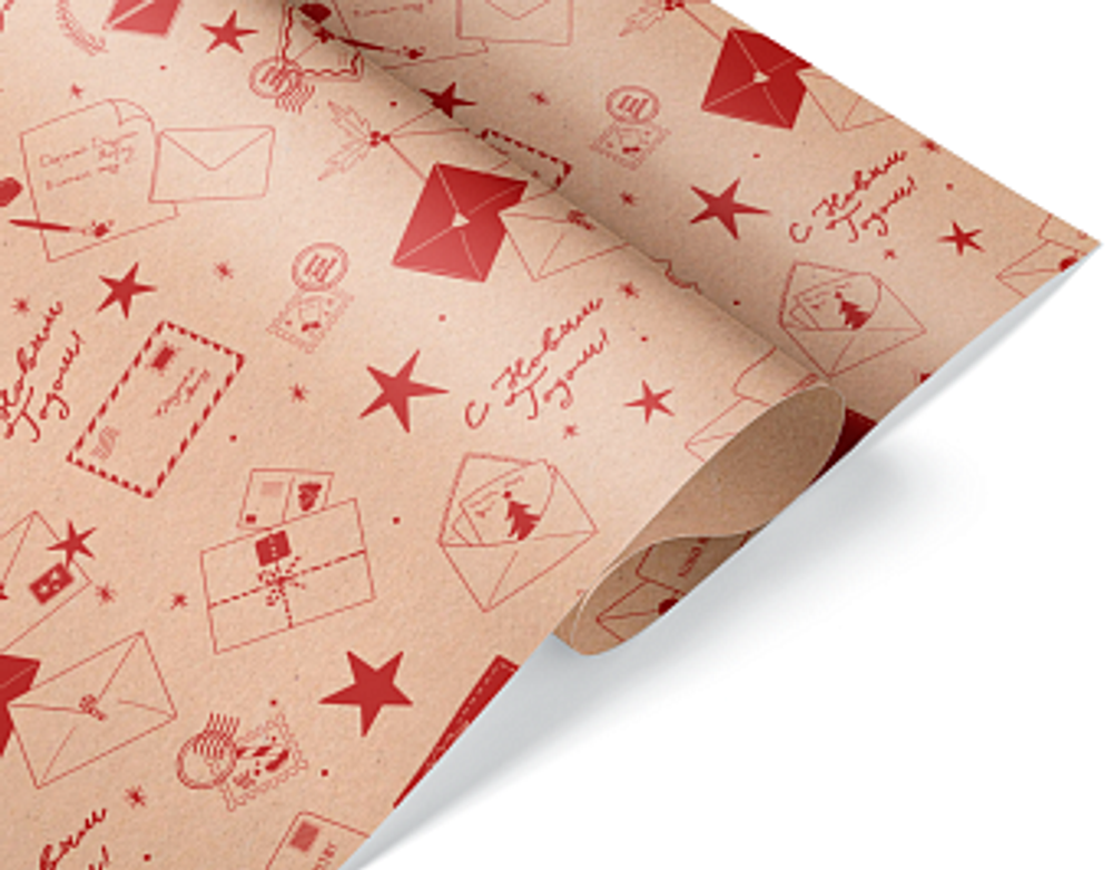 Упаковочная бумага Крафт 70гр 0,6м Новогодняя почта 1 метр.