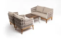 "Диего" лаунж-зона 4-местная плетеная из роупа со столиком "Канны" цвета "дуб", основание дуб, роуп бежевый