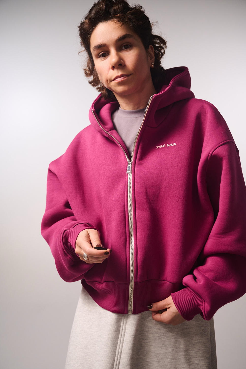 Худи на молнии укороченная с начесом, "Малина"