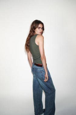 ZARA ТОП ИЗ ПОЛИАМИДА С ШИРОКИМИ БРЕТЕЛЯМИ, СВЕТЛЫЙ ХАКИ