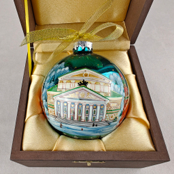 Коллекционный елочный шар с росписью Палех "Москва на зеленом" в футляре