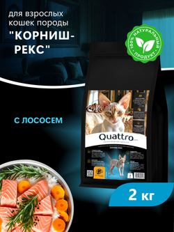 Корм сухой для взрослых кошек породы Корниш-рекс, с лососем, 2 кг, QUATTRO