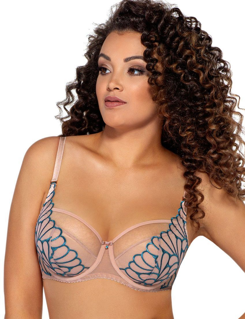 Бюстгальтер на косточках с контрастной бирюзовой вышивкой (Размер: 75I) (Цвет: телесный)