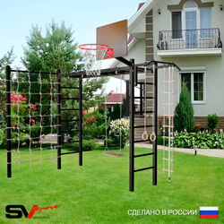 Уличная шведская стенка Sv Sport рукоход с комплектом турник прямой У5304К (Турник/Деревянные/Щит баскет/Канат/кольца/лестница/Сетка)