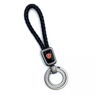 Брелок для ключей кожаный с эмблемой Gaz (кожзам, косичка, двойное кольцо, черный цвет)