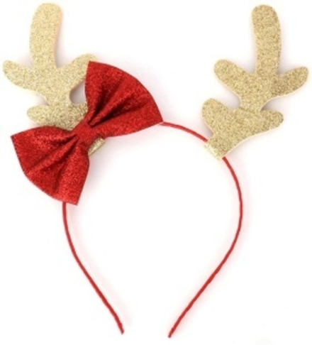 Ободок, Оленьи рожки с бантиком, Золото/Красный, с блестками, 1 шт.