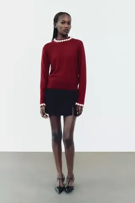ZARA ОДНОТОННЫЙ СВИТЕР С БУСИНАМИ, ТЕМНО-РОЗОВЫЙ