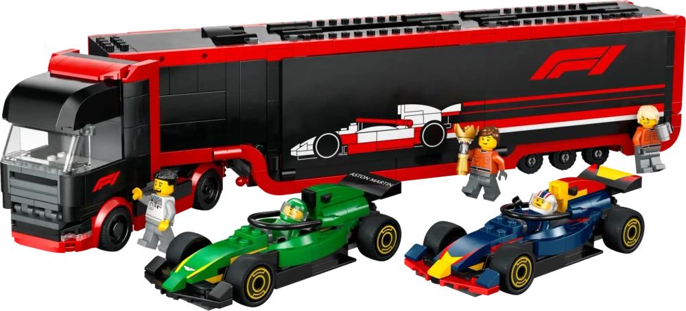 Конструктор LEGO City 60445 Грузовик с автомобилями RB20 и AMR 24 F1
