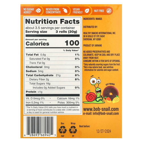 Bob Snail, Fruit Roll, манго, 10 пакетиков по 10 г (0,35 унции)