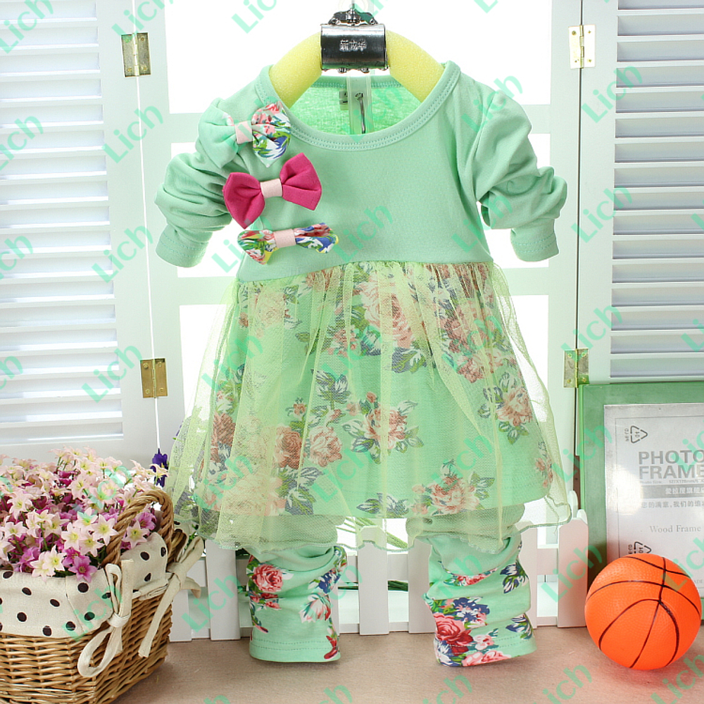 Костюм детский из платья с бантами и брюк с цветочным принтом