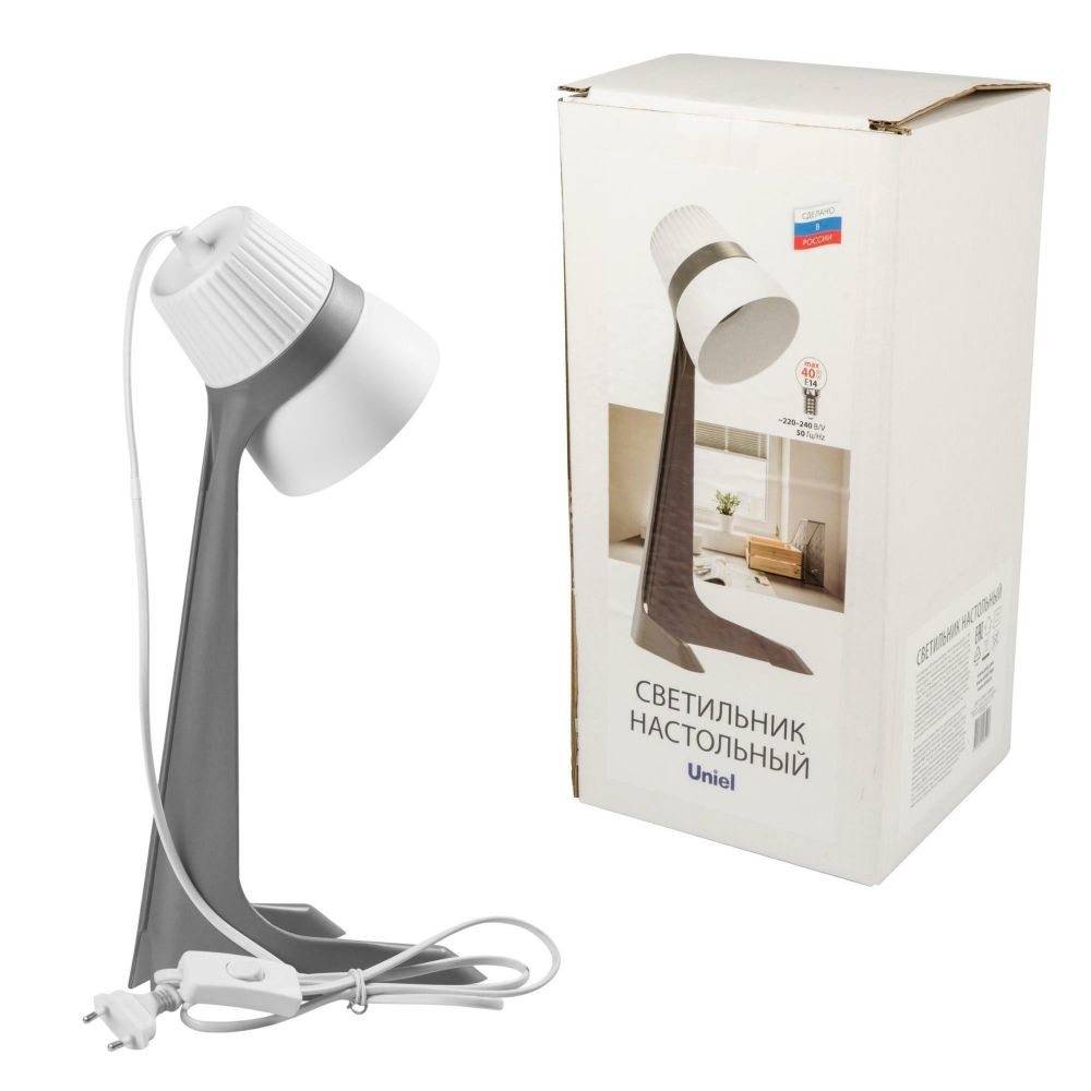 ULO-K22 D/E14/A GREY/WHITE Светильник настольный, 40W. Цоколь E14. Механический выключатель. Серый с белым. ТМ Uniel