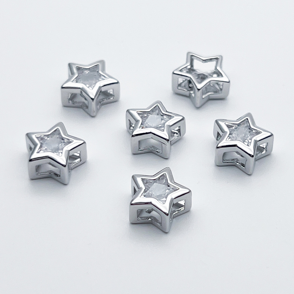 Бусина Звезда, цвет серебро (родий), фианит, размер 9*8,7 мм, цена за 1 шт
